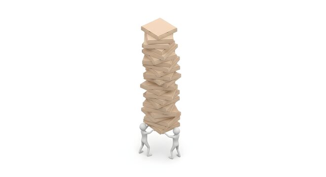 Two characters carrying a very tall stack of cardboard boxes