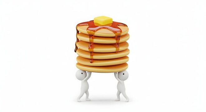 Tiny figures lifting a giant stack of pancakes