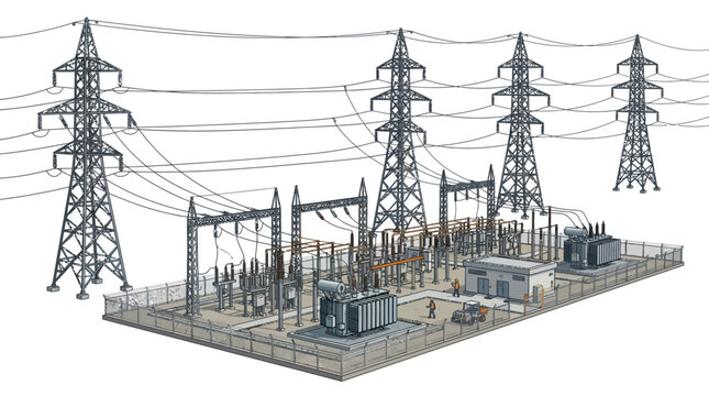 Electric power transmission substation with towers and lines.