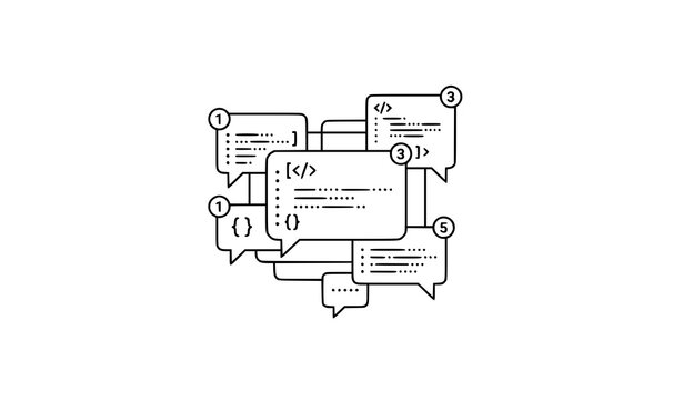 ​Programming code speech bubbles concept with syntax bracket symbols for software developer chat and communication vector illustration
