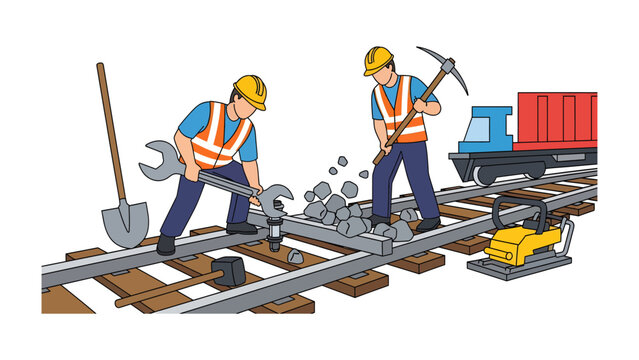 Railway Workers on Duty: Two construction workers in hard hats and safety vests labor on a railway track, one using a wrench and the other a pickaxe, with a compactor and a freight train nearby.