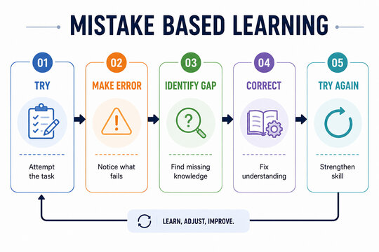 A five-step infographic illustrates the process of mistake based learning: Try, Make Error, Identify Gap, Correct, and Try Again.