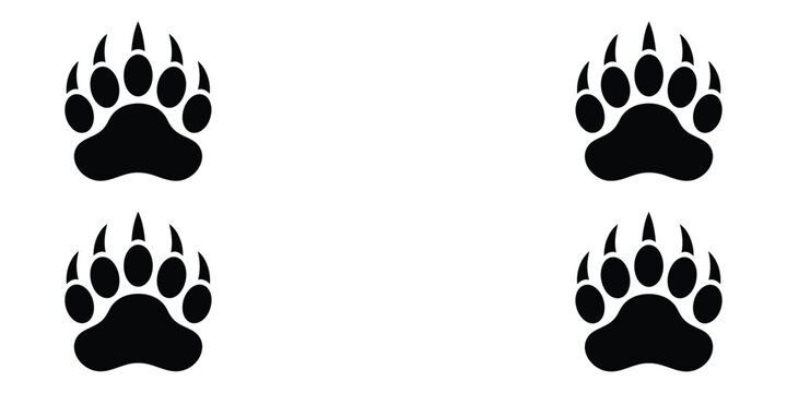 Four black bear paw prints with visible claws arranged on a clean white background, animal track