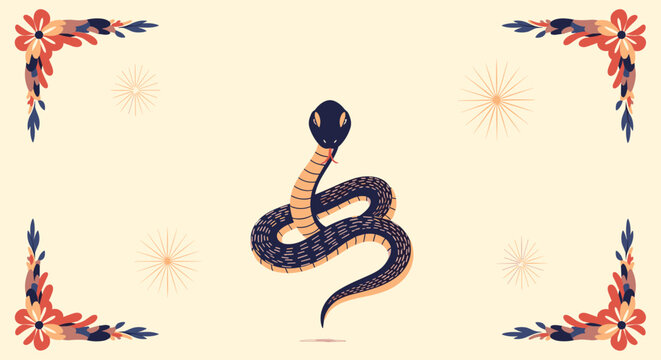 Artistic illustration of a coiled snake with a detailed scale pattern surrounded by a floral corner frame on a soft cream background scene.