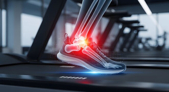 X-ray of ankle and foot bones on a treadmill. Sports podiatry and injury prevention. Athlete running in sneakers with highlighted glowing bone pain and inflammation