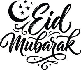 Eid mubarak greeting with moon and stars on white background © MDAKLAS
