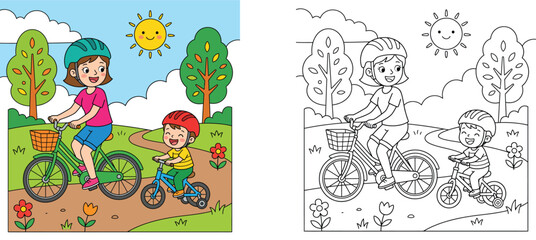Obraz premium Happy Mother and Son Riding Bicycles in a Sunny Park Illustration and Coloring Page for Kids, Family Outdoor Activity with Bikes, Trees, and Flowers Cartoon Vector