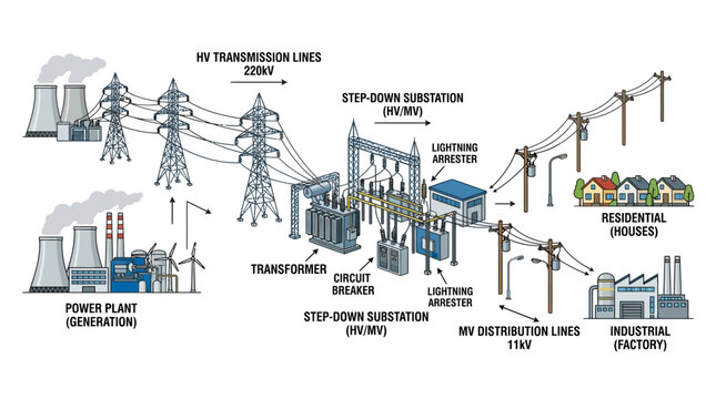 HV electricity transmission infrastructure diagram.