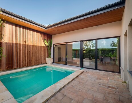 contemporary home extension with sheltered stone deck patio and courtyard displaying green tiled pool and wooden slat wall