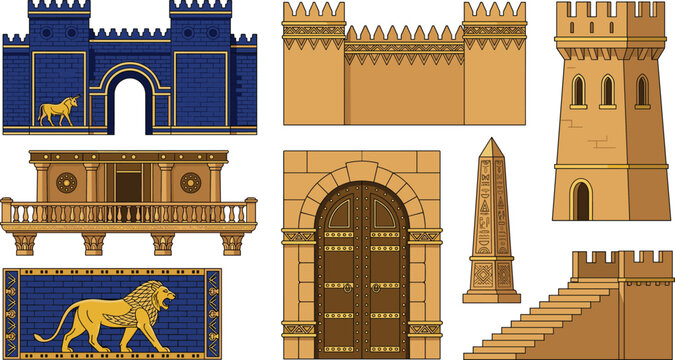 Ancient Babylon Architecture Vector Collection Featuring Ishtar Gate, Fortress Walls, Lion Reliefs, Obelisk, Palace Balcony, and Historic Mesopotamian Elements
