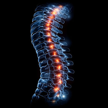 3D visualization view of ankylosing spondylitis pain in the spine isolated on a Black background