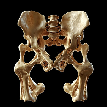 3D visualization view of arthritis caused by avascular necrosis in the hip joint isolated on a Black background