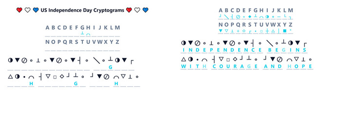 US Independence Day Cryptogram puzzle with answers on white background   © Nii_Anna