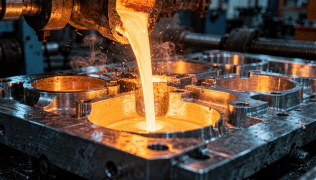Permanent molds filled with glowing molten metal produce highprecision flowmeter housings showcasing smooth surfaces and consistent industrial detail in controlled conditions.