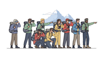 Mountain Expedition Team: A diverse group of hikers, equipped with backpacks and binoculars, stands united against a backdrop of majestic mountains, ready for their next adventure. © Mohammad