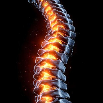3D visualization view of morning stiffness associated with ankylosing spondylitis pain in the spine isolated on a Black background