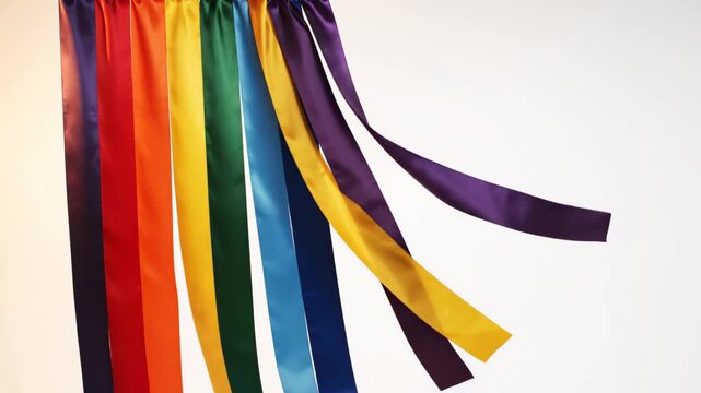 Seven silk pride rainbow ribbons &mdash; red orange yellow green blue indigo violet &mdash; hanging and drifting gently in breeze, glossy silk light catch, white background, static camera loop, Pride Month celebr