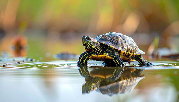 Red Eared Slider Turtle Emerging from Water with Detailed Reflection in Rippling Pond Surface