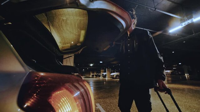  long-haired Young male in black clothing opening a car trunk and putting a suitcase inside a dark parking lot