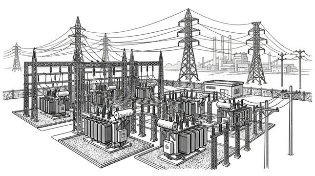 An illustration of a power substation with transmission towers and electrical infrastructure.