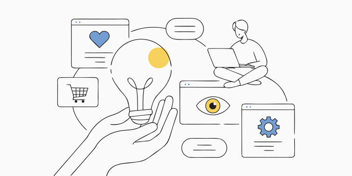 Person holding large lightbulb with e-commerce and web development interface icons