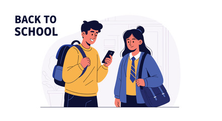 Fototapeta premium Happy students with backpacks talking back to school