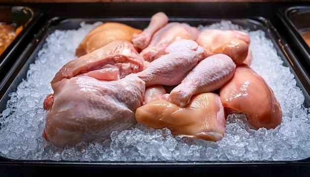 selection of pristine fresh raw chicken poultry cuts chilling on ample crushed ice display