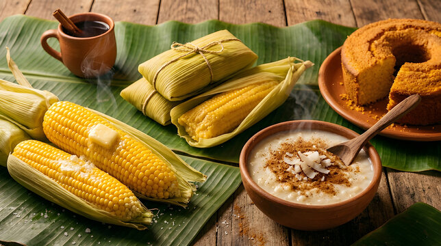 Traditional Brazilian June Festival Food Assortment on Banana Leaves with Steaming Hot Corn