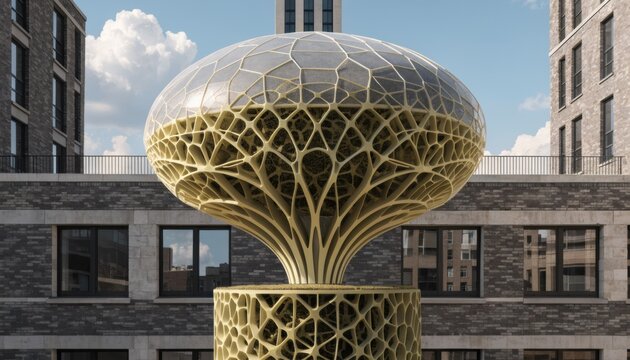 Medium shot showcasing a rooftop biobased composite antenna radome with sleek sustainable design blending seamlessly into urban settings emphasizing green technology integration.