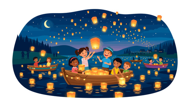 Sky Lantern Festival on Water: Children in a small boat release glowing sky lanterns into the night sky above a tranquil lake.