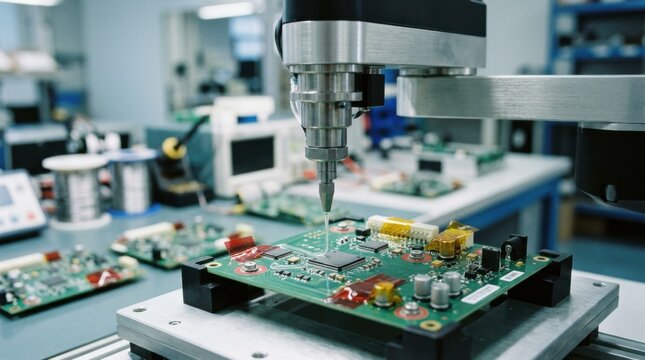 Medium shot of a programmable robot precisely applying selective conformal coating on electronic components carefully avoiding sensitive keepout zones to ensure protection and