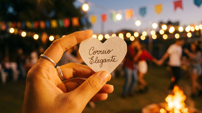 Hand Holding Heart-Shaped Correio Elegante Love Note at Brazilian June Festival