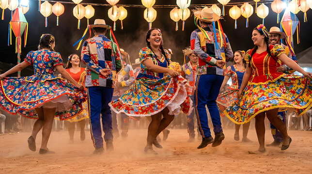 Energetic Dancers in Patchwork Outfits Performing Traditional Square Dance at Night