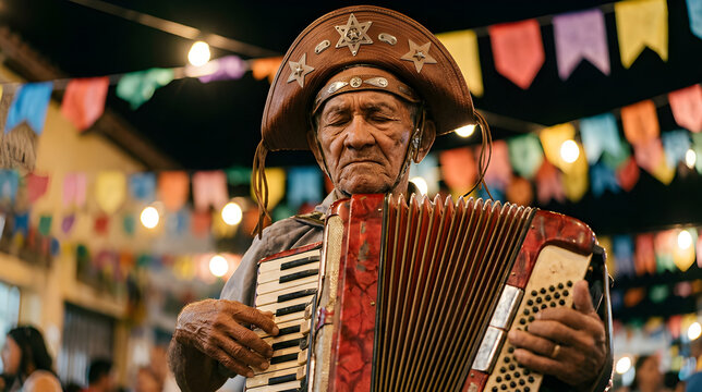 Portrait of a Senior Musician Playing Accordion in Traditional Leather Hat