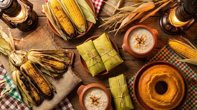 Top-Down Flat Lay of June Festival Food Feast with Corn Pamonha and Vintage Lanterns