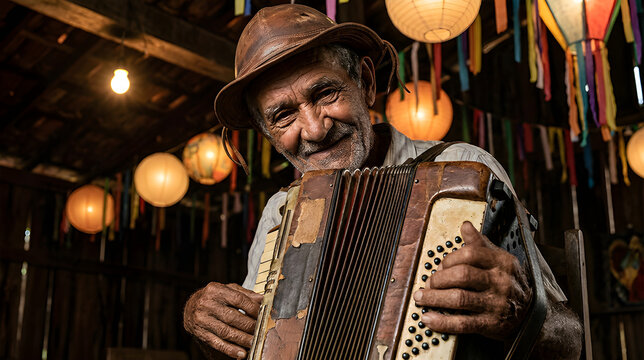 Expressive Close-up Portrait of Senior Musician in Leather Hat Playing Worn Accordion