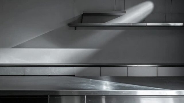 Stainless steel kitchen workbench and shelves with dramatic light and shadow modern minimalist design