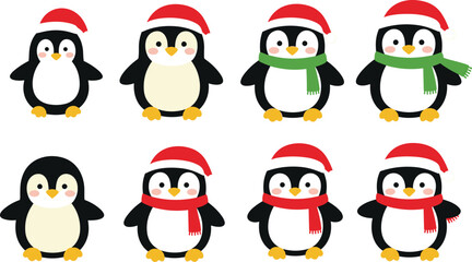 Fototapeta premium Cute Christmas Penguin Vector Set Wearing Santa Hats and Winter Scarves for Holiday Greeting Cards Nursery and Festive Graphic Designs