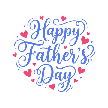 Happy Father's Day elegant blue calligraphy text design with beautiful swirling flourishes and small hearts shapes