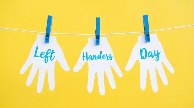 Left handers day celebration with paper cutouts of hands hanging on clothesline over yellow backdrop.