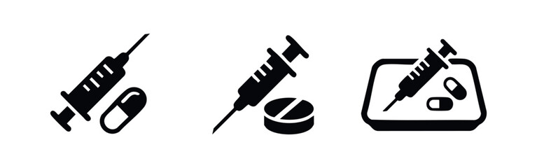 Medical Treatment Icons for Injection Medication and Pharmaceutical Pill Tray © Lili