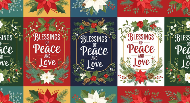 Christmas Poinsettia Border Greeting Cards - Blessings of Peace and Love