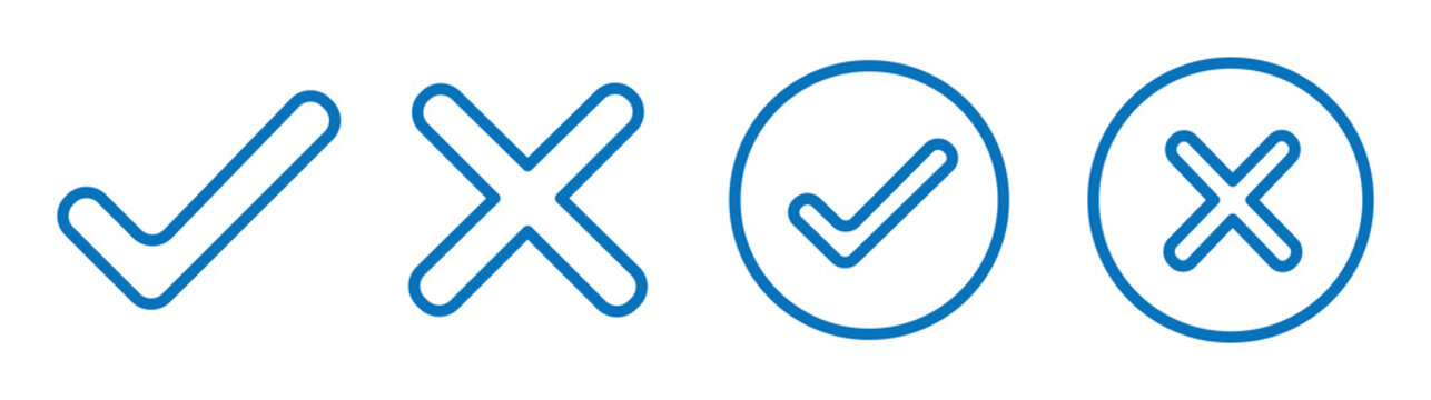 Check box icon with correct, accept checkmark icons tick box checked. Approve symbol. Check mark icon vector design. Blue check mark icon. Blue tick and cross symbol. Set Vector check cross icon. 