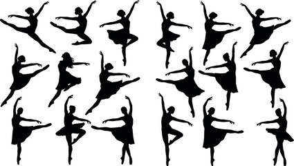 Graceful Female Ballerina Silhouette Set Featuring Classical Ballet Dance Poses and Expressive Jumps for Performing Arts Studios and Creative Vector Graphic Designs © DabashChandra