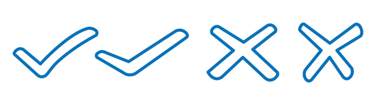 Check box icon with correct, accept checkmark icons tick box checked. Approve symbol. Check mark icon vector design. Blue check mark icon. Blue tick and cross symbol. Set Vector check cross icon. 