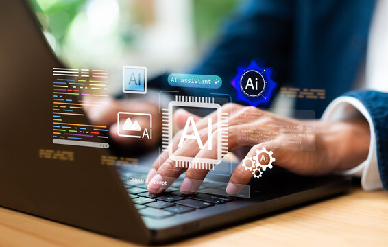 Businessman using AI prompt technology with artificial intelligence and machine learning, smart coding system, digital automation and advanced software development concept.