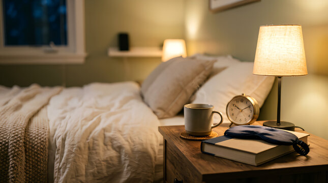 Bedside Table with Alarm Clock and Mug in Cozy Bedroom
