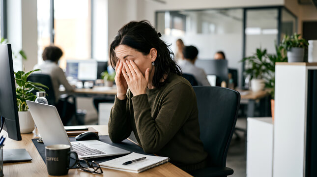 Businesswoman Covering Face from Work Stress in Open Office