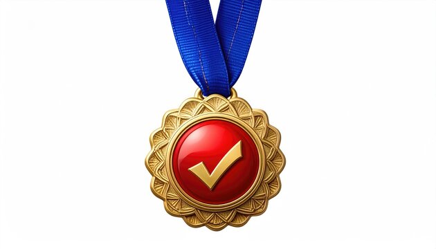 Golden award with red center, gold checkmark, and blue ribbon