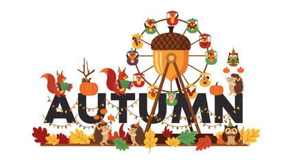 Autumn Festival Fun: A whimsical illustration depicting a joyous autumn festival scene with a giant acorn Ferris wheel, playful woodland creatures, and vibrant fall foliage. © Murshida